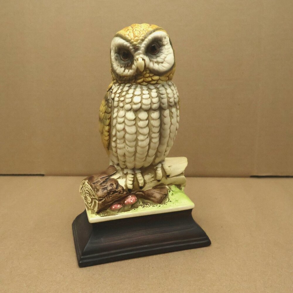 Vintage Porcelain Barn Owl on Log with Mushrooms Norleans Japan Signed HK Statue